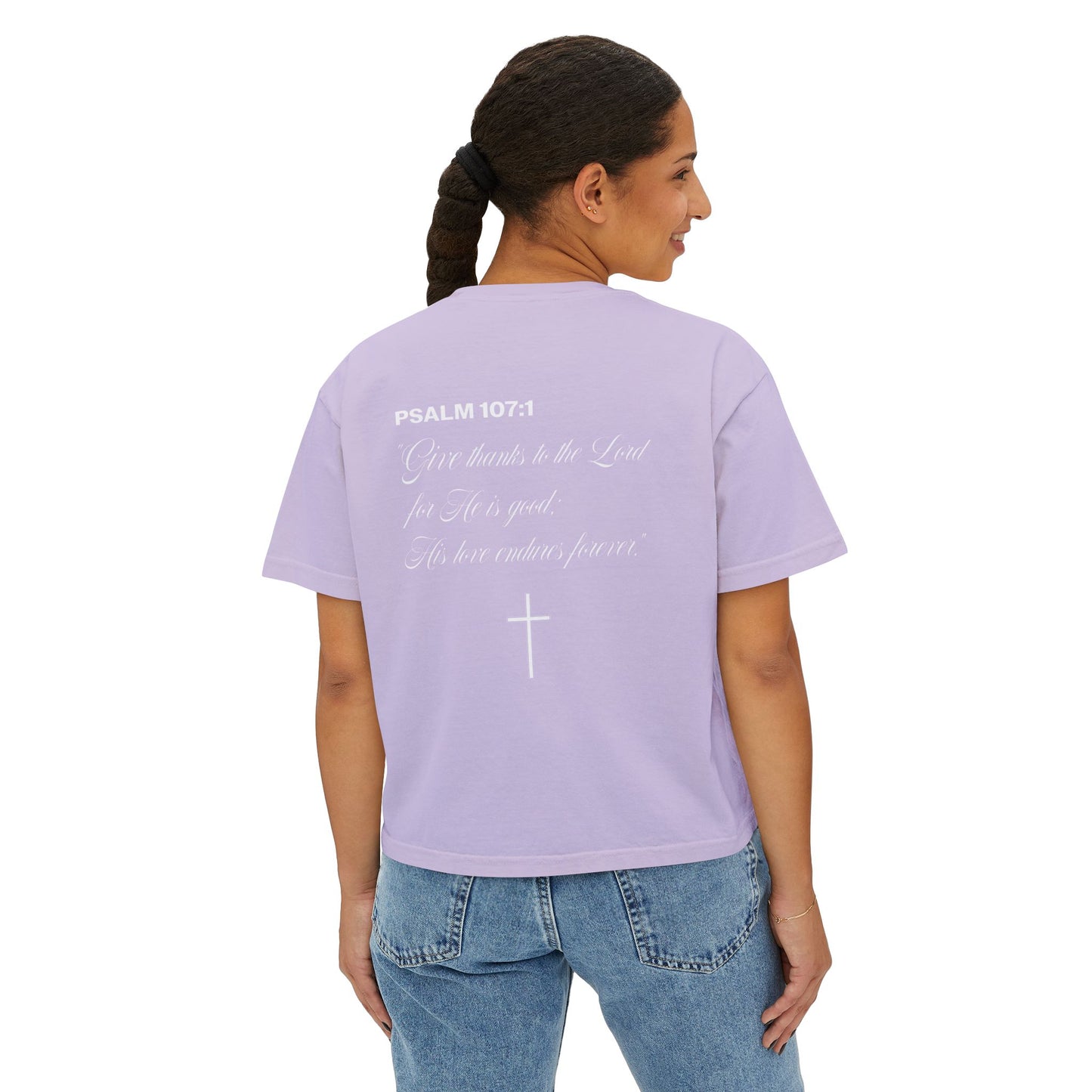 Christian Crop Tee | Grateful Thankful Blessed Ribbon Bow | Psalm 107:1 Women's T-Shirt