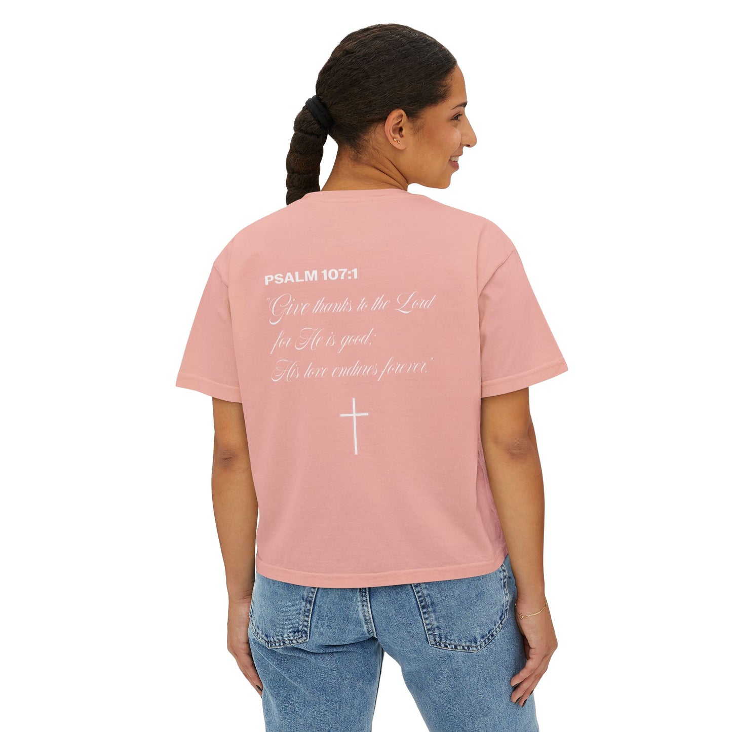 Christian Crop Tee | Grateful Thankful Blessed Ribbon Bow | Psalm 107:1 Women's T-Shirt