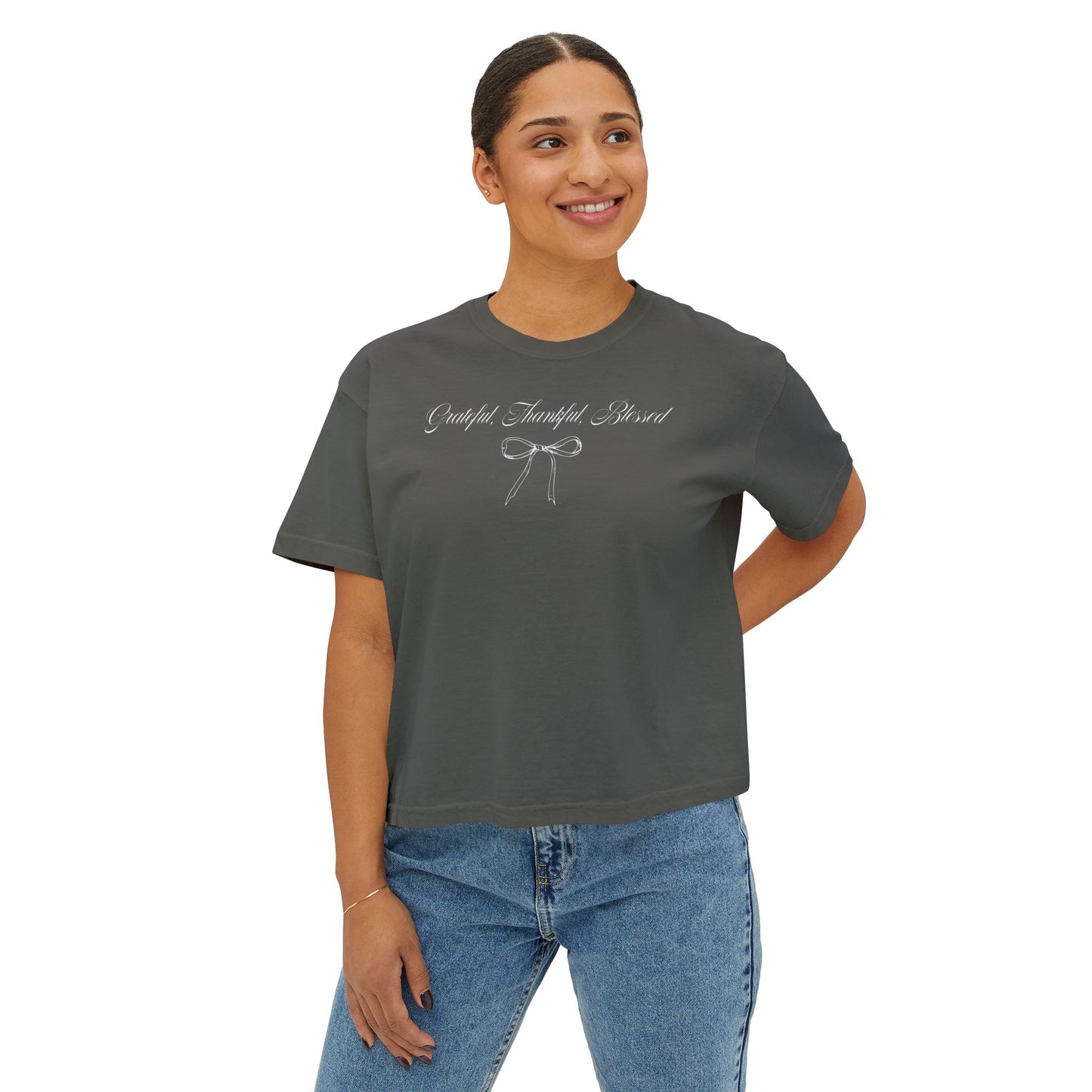 Christian Crop Tee | Grateful Thankful Blessed Ribbon Bow | Psalm 107:1 Women's T-Shirt