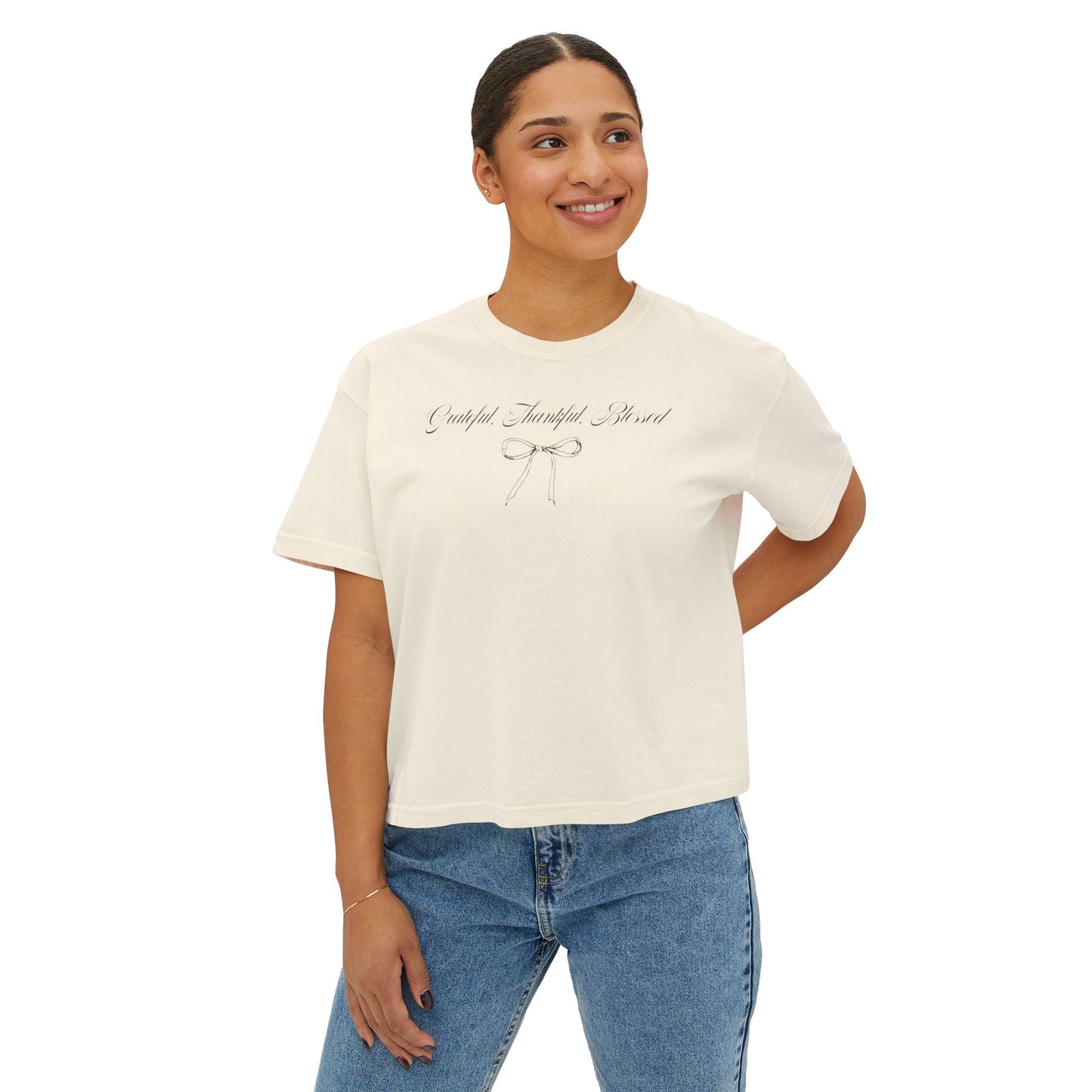 Christian Crop Tee | Grateful Thankful Blessed Ribbon Bow | Psalm 107:1 Women's T-Shirt