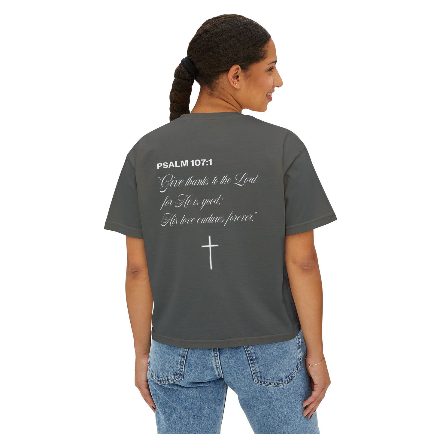 Christian Crop Tee | Grateful Thankful Blessed Ribbon Bow | Psalm 107:1 Women's T-Shirt