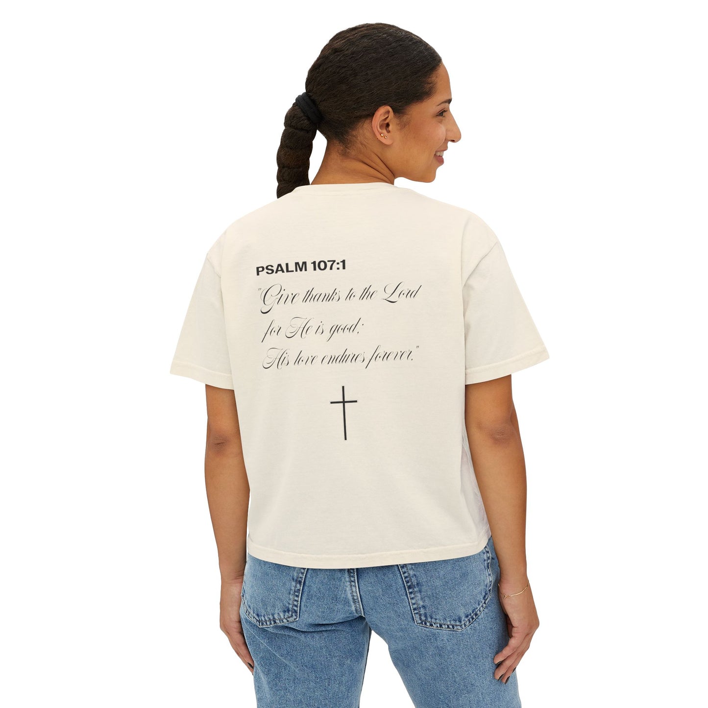 Christian Crop Tee | Grateful Thankful Blessed Ribbon Bow | Psalm 107:1 Women's T-Shirt