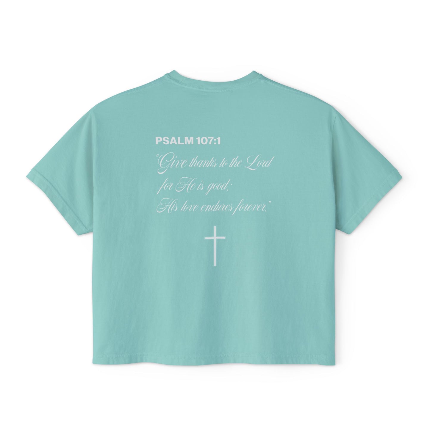 Christian Crop Tee | Grateful Thankful Blessed Ribbon Bow | Psalm 107:1 Women's T-Shirt