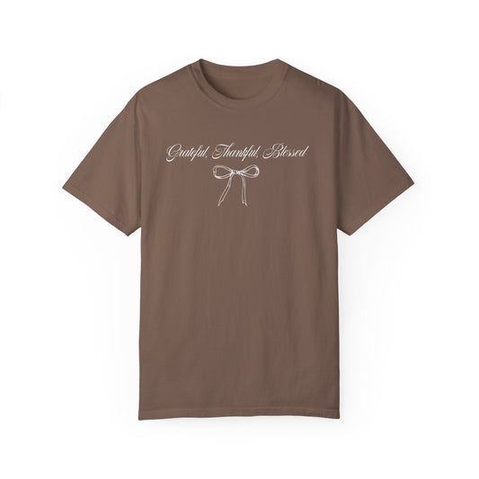 Grateful Thankful Blessed Ribbon Bow Shirt | Christian Comfort Colors Tee